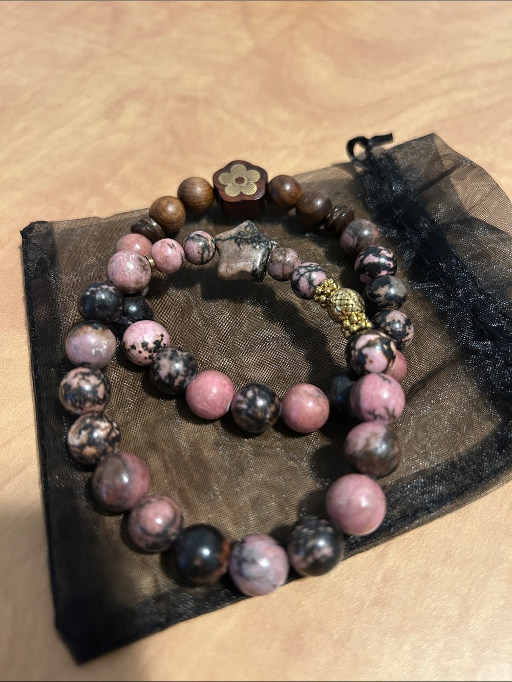 Pink Rhodonite Beaded Bracelet Set with Gold Accents star and clover charm